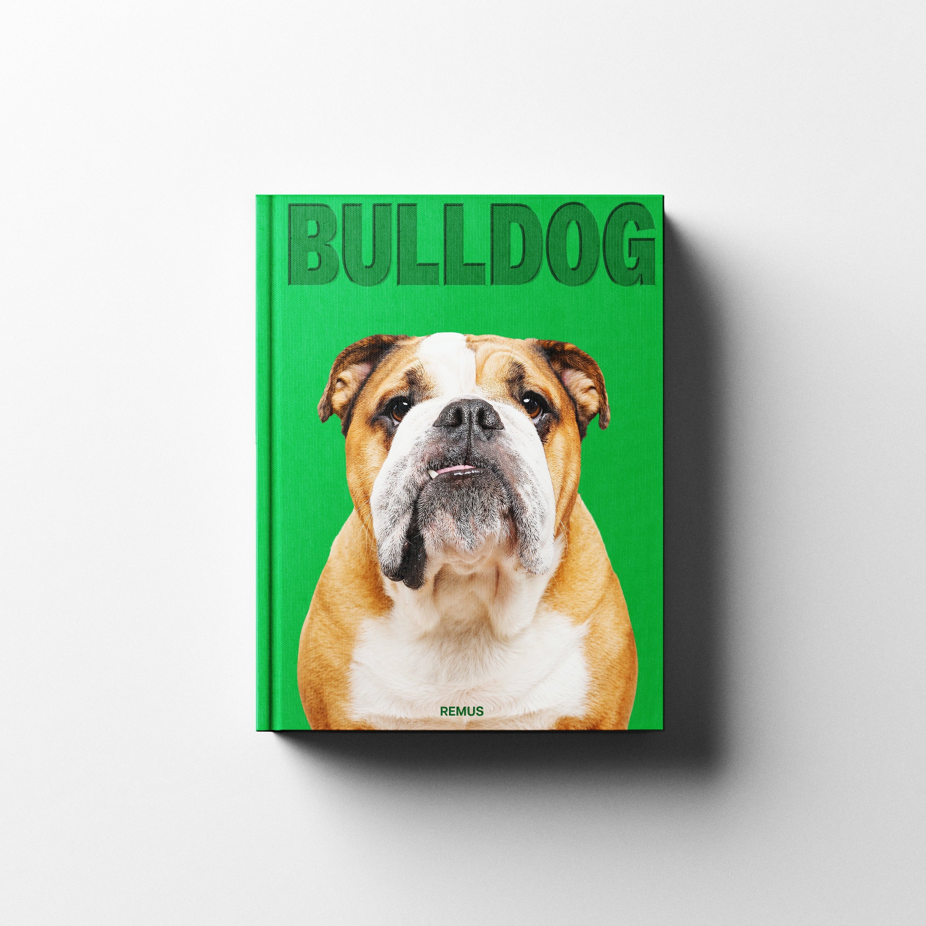Bulldog book cover in emerald green linen — REMUS Collection coffee table book