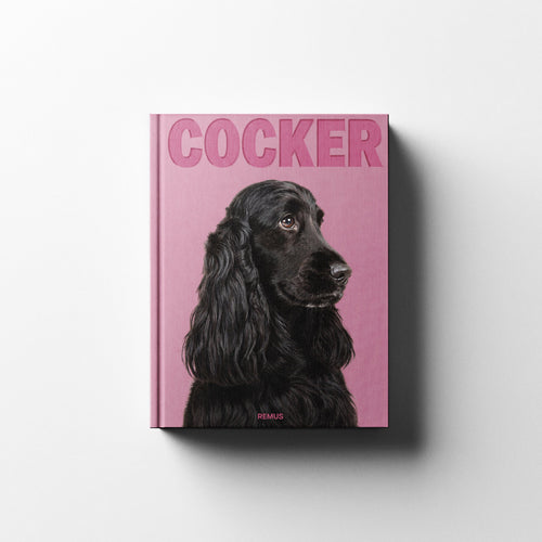 Cocker Spaniel book cover in dusty rose linen — REMUS Collection coffee table book