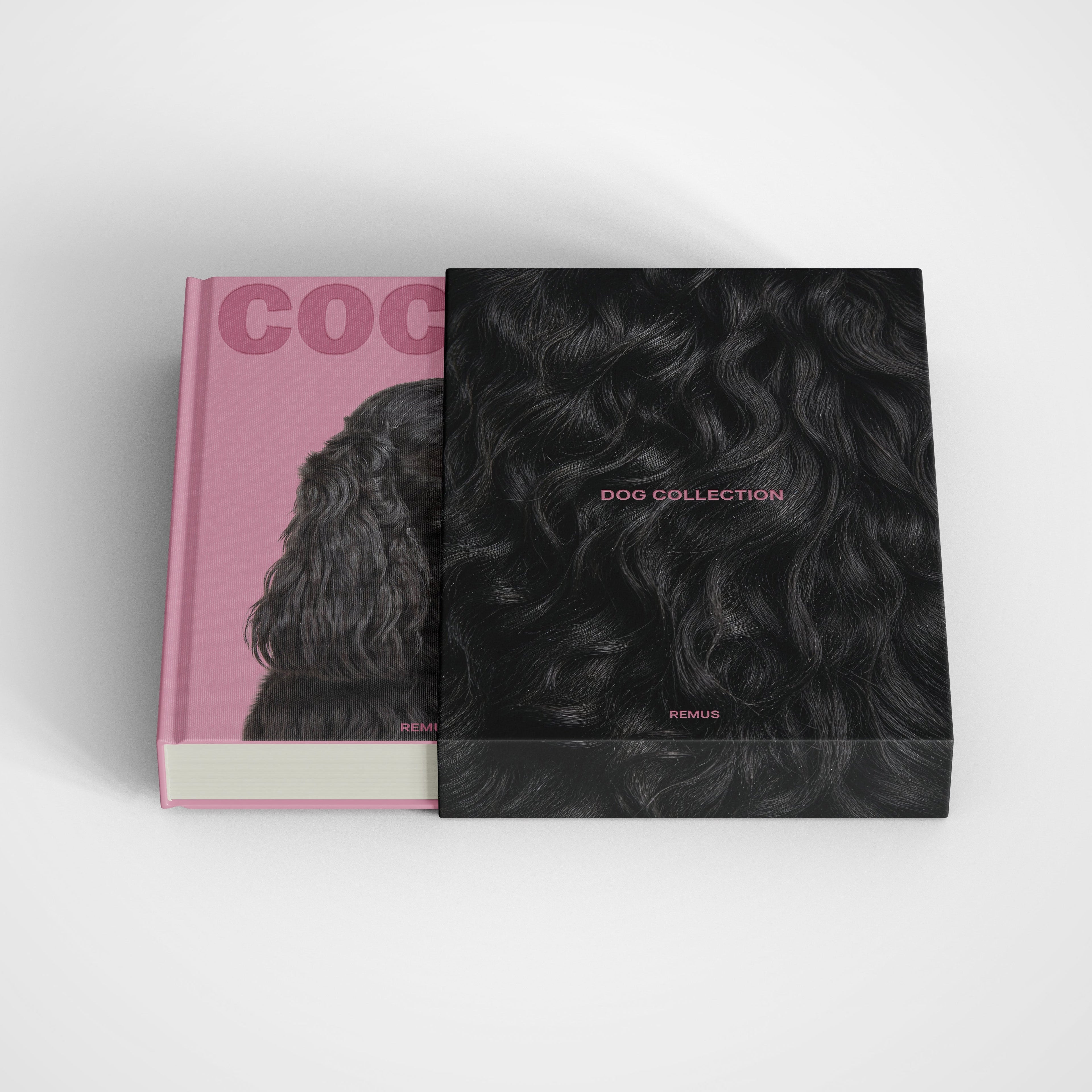 Cocker Spaniel slipcase in dusty rose linen — REMUS Collection
