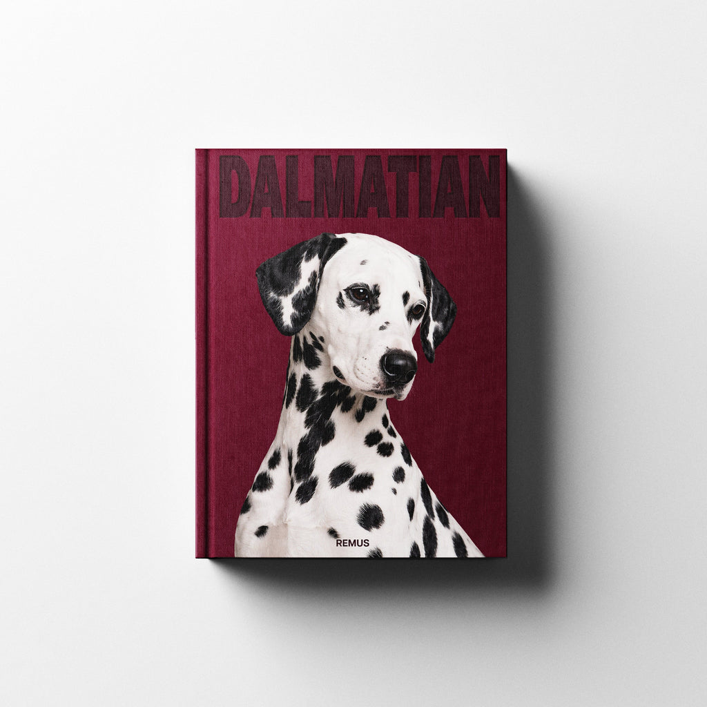 Dalmatian book cover in deep bordeaux linen — REMUS Collection coffee table book