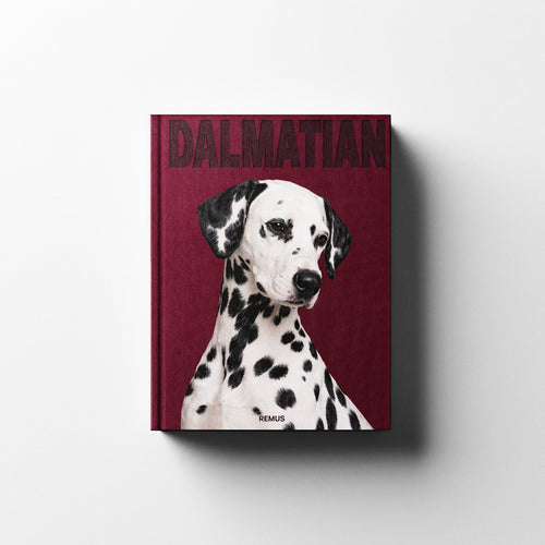 Dalmatian book cover in deep bordeaux linen — REMUS Collection coffee table book