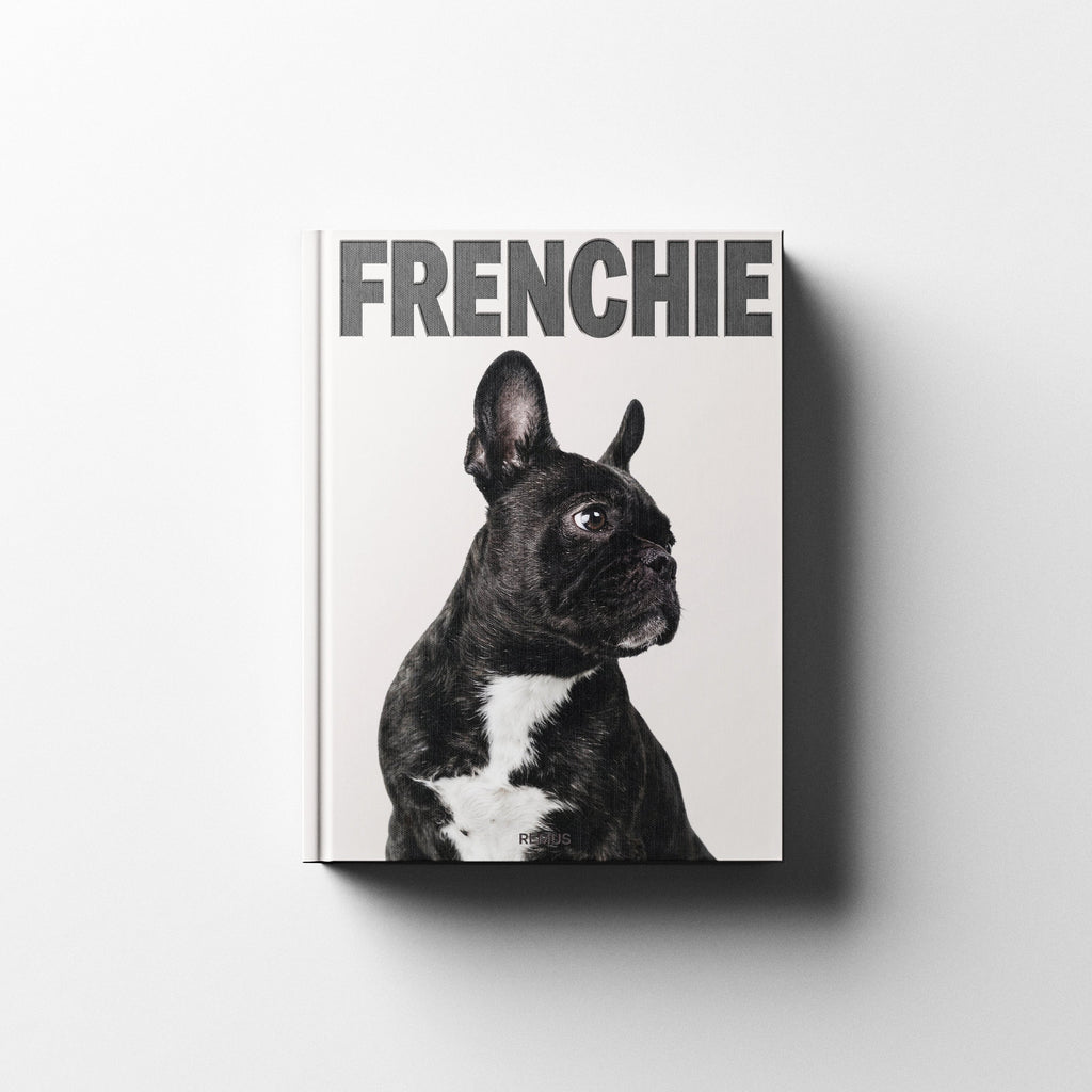 French Bulldog book cover in ivory linen — REMUS Collection coffee table book