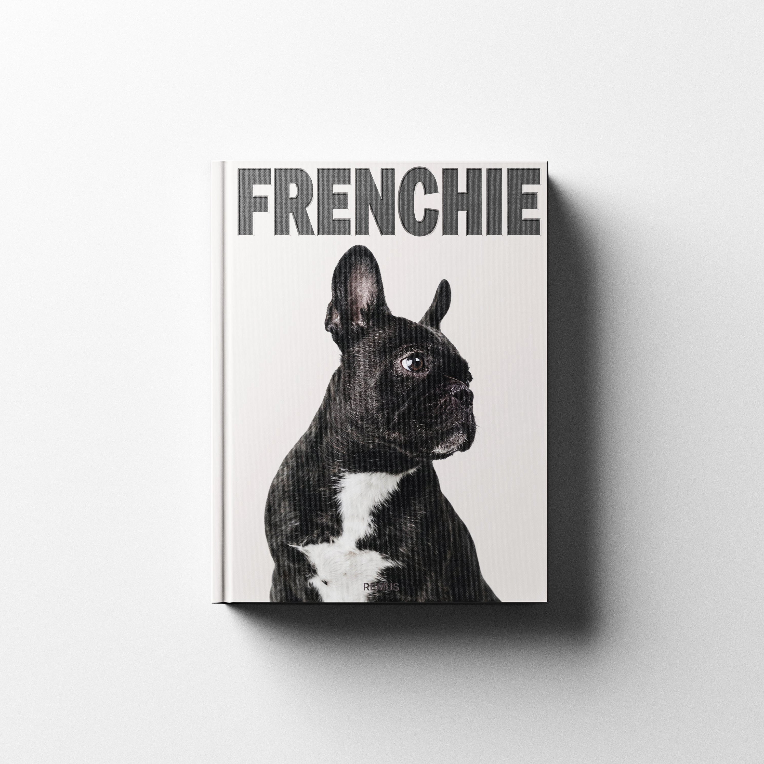 French Bulldog book cover in ivory linen — REMUS Collection coffee table book