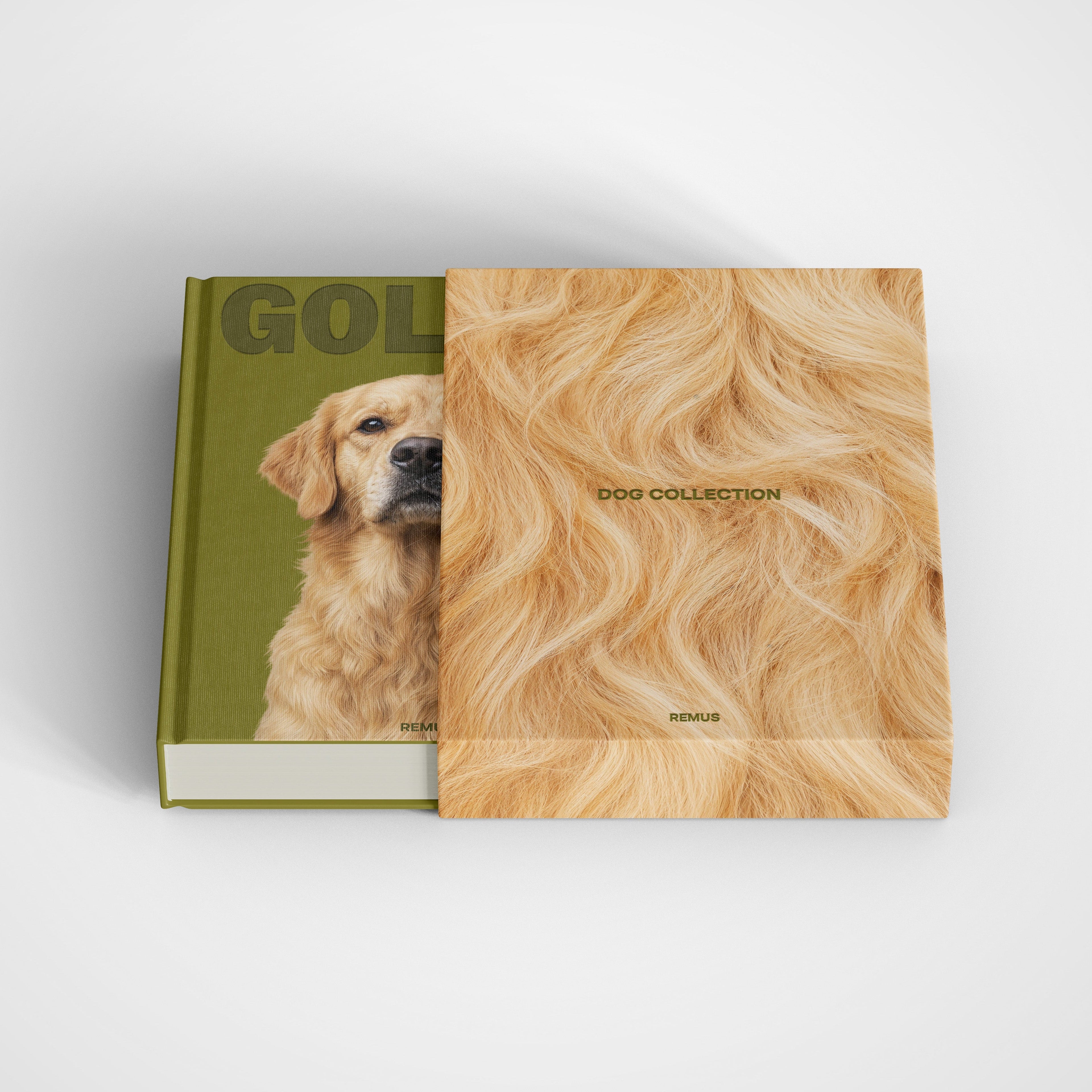 Golden Retriever slipcase in olive linen — REMUS Collection