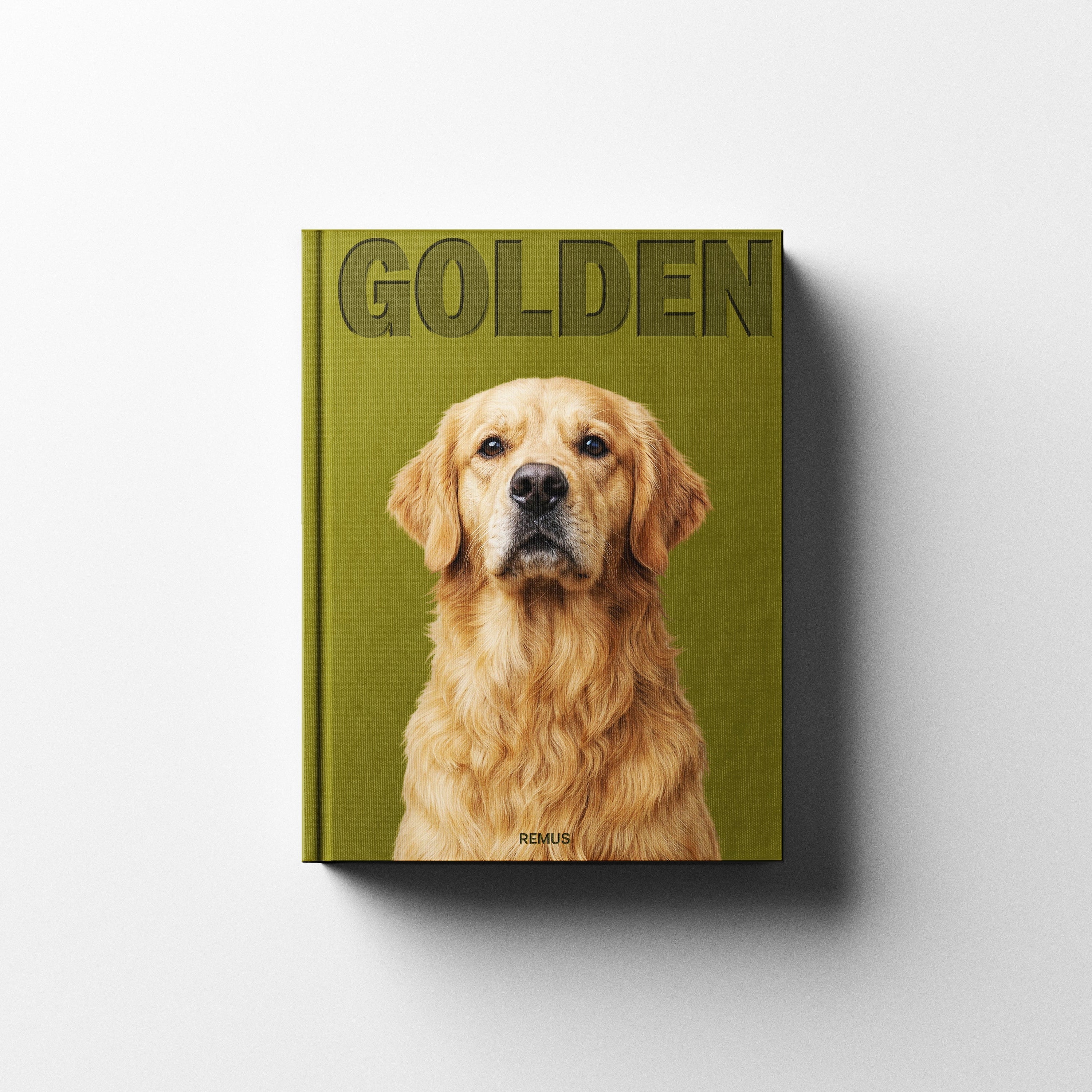 Golden Retriever book cover in olive linen — REMUS Collection coffee table book