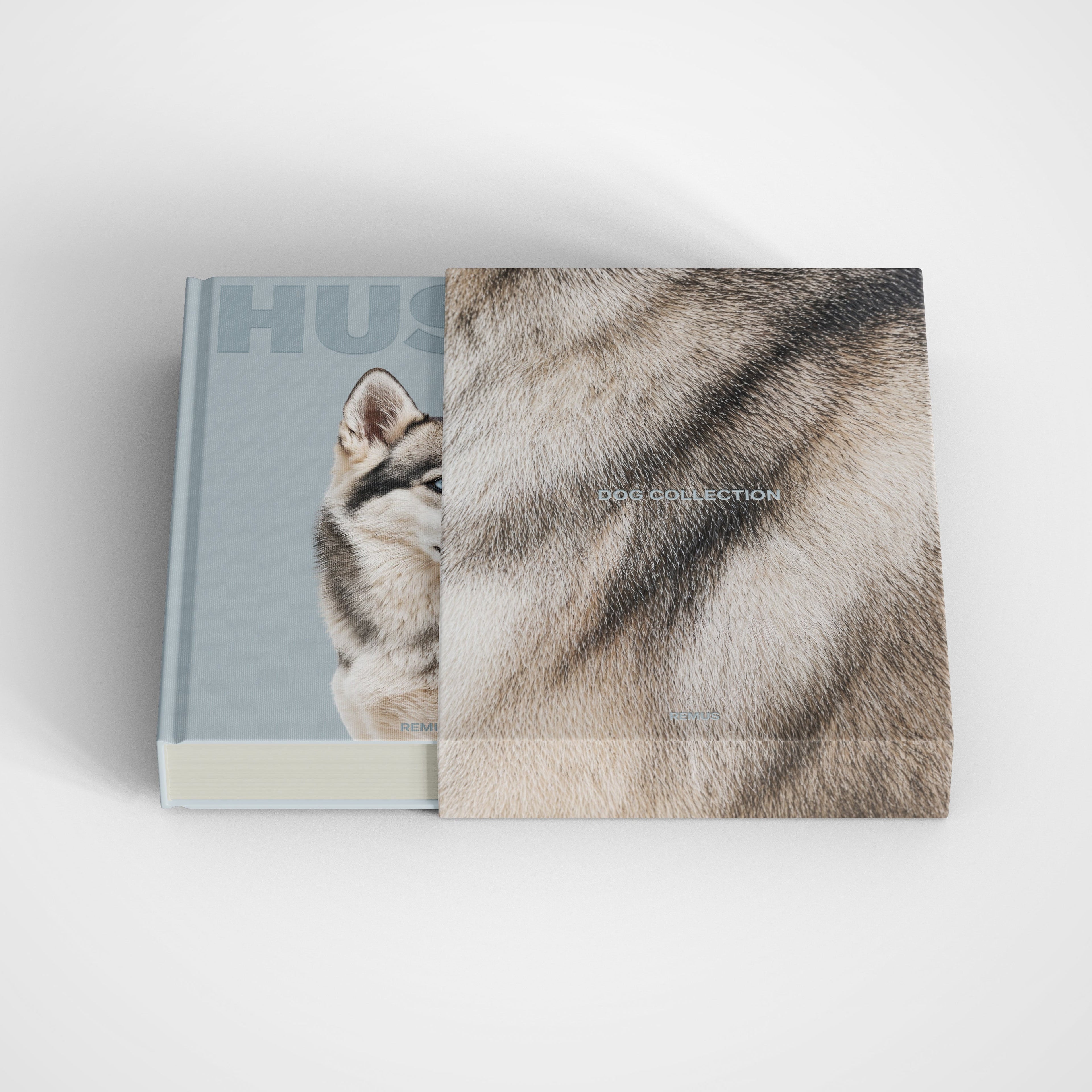 Siberian Husky slipcase in glacier blue linen — REMUS Collection