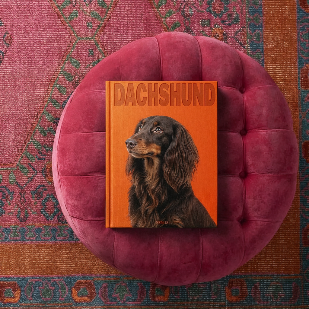 Dachshund book interior spread, extreme macro fur photography — REMUS Collection